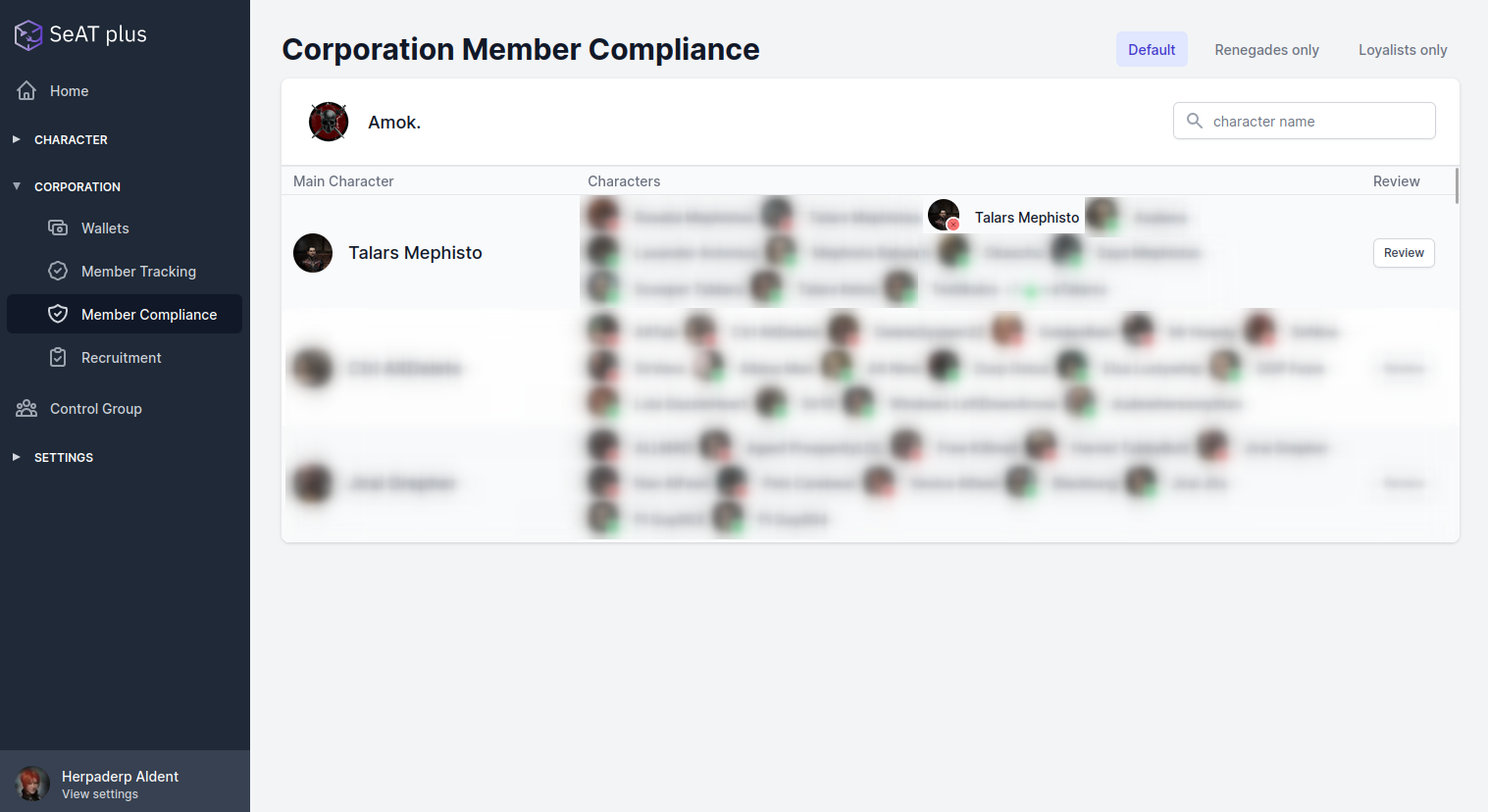 Corporation Member Compliance view